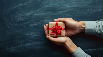 Hand holding a gift wrapped with red bow, black chalkboard in background - Powered by Adobe