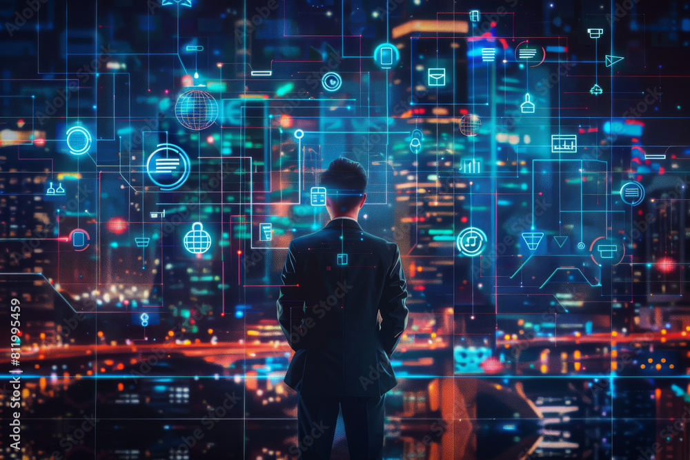 Aufkleber a man in a suit stands in front of a screen with icons on it