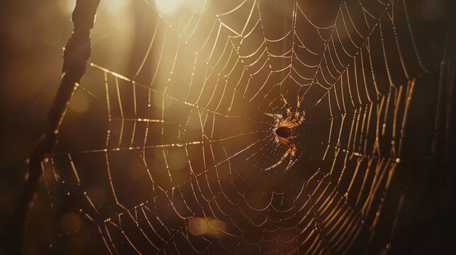 The spider is waiting for its prey in the center of its web. The web is glistening in the sunlight.