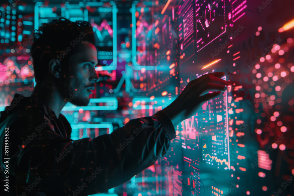 Poster a man is touching a screen that has numbers on it
