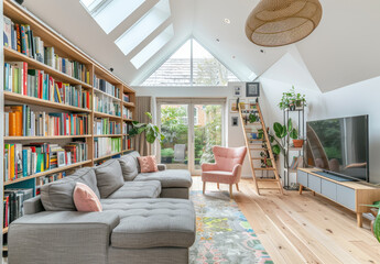 an open plan living room in London, with white walls and a pink and grey sofa, a wooden bookcase on...