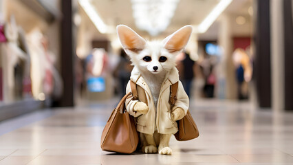 Fennec Fox walking in the mall carrying a handbag