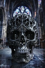 Ornate Gothic Carved Metal Skull Sculpture
