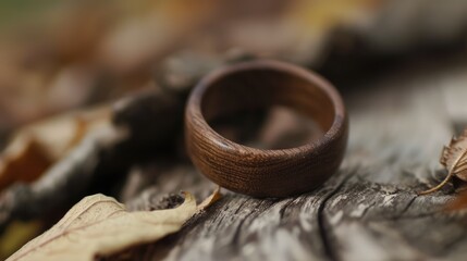 Wooden ring in close-up. Natural jewelry. Connection with nature. AI generative.
