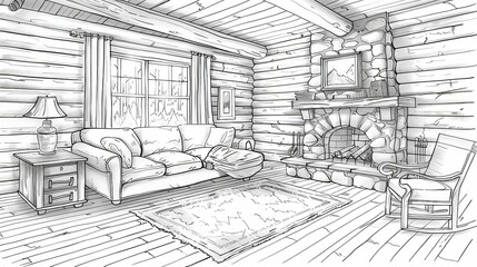 Cozy Interior of a Charming Log Cabin Nestled in the Peaceful Woodland Landscape