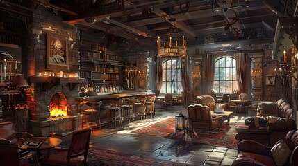 Cozy and Inviting Rustic Tavern Interior with Warm Fireplace and Vintage Furnishings