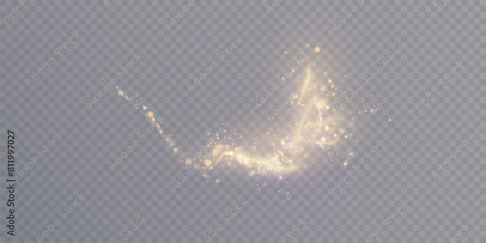 Poster Golden magic comet with lots of sparkling bokke and shimmering light effects. Magic golden wind for web design and fairytale decoration. vector	
