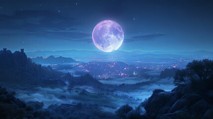 Enchanting Moonlit Landscape from High Vantage Point Overlooking Lush Mountainous Terrain Shrouded in Mystical Haze