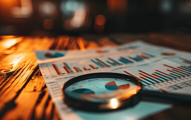 A detailed photograph of financial charts and graphs with a magnifying glass on a wooden table