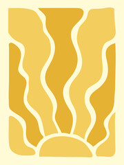 Groovy retro abstract sun background. Organic doodle shapes in trendy hippie 70s style. Aesthetic contemporary poster in yellows.