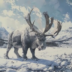 Fototapeta premium Imaginary Arctic Safari of Fantastical Prehistoric Creatures Roaming Icy Landscapes