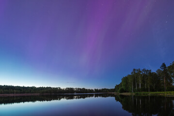 Aurora Borealis northern lights over the forest lake in Latvia on May night.