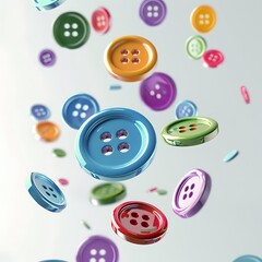 Colorful clothing buttons in mid-air on white background