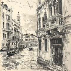 Pen and Ink Sketch of Scenic Venetian Canal with Gondolas and Historic Buildings