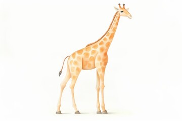 Fototapeta premium A Tall Giraffe Stands on The White Background. the Giraffe Has Tan Fur with Brown Spots.
