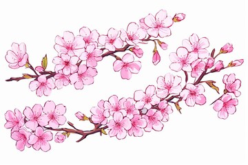 Delicate Pink Cherry Blossom Branches with Flowers and Buds.