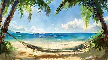 Fototapeta premium Relaxing vacation in a tropical paradise sketched from a hammock s perspective