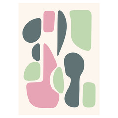Abstract shapes in pastel colors including pink, green, and gray