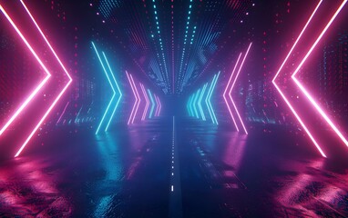 Abstract background with neon glowing arrows on a dark black backdrop