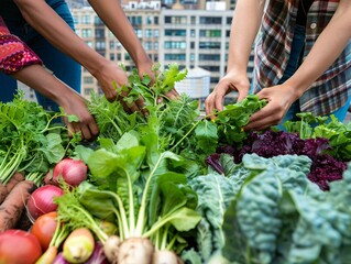 Diverse Hands Harvest Bounty from Urban Rooftop&nbsp;Garden