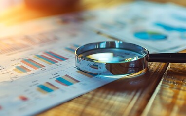 A magnifying glass on top of financial data charts with graphs and diagrams lying flat on a wooden table. Concept for business analysis