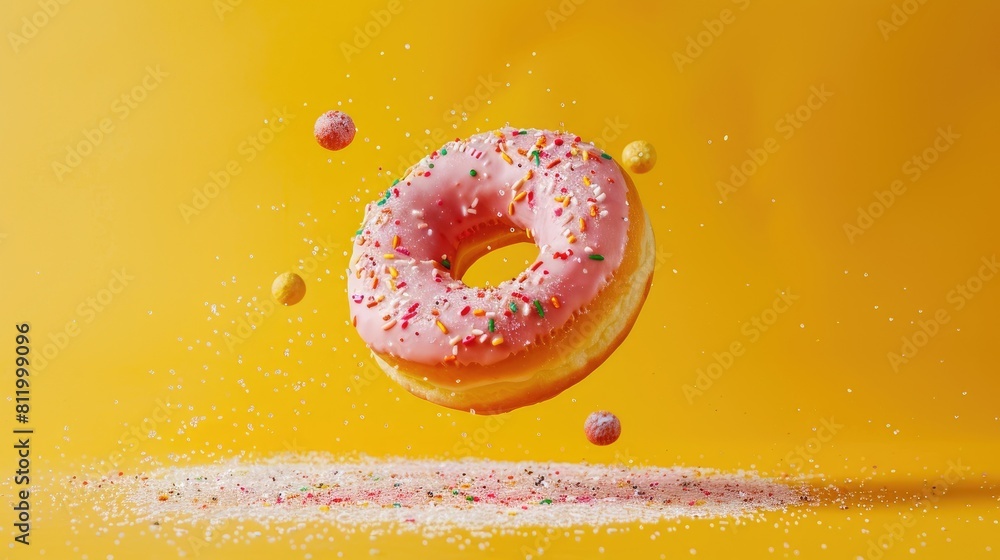 Poster a whimsical scene unfolds with a pink donut seemingly defying gravity against a vibrant yellow backd