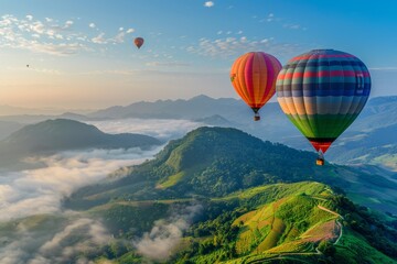 Naklejka premium two colorful hot air balloons floating over the green mountains 