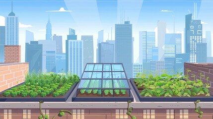 Urban Oasis, Rooftop Farm Flourishes Amidst Landscape Flat Design&nbsp;Illustration