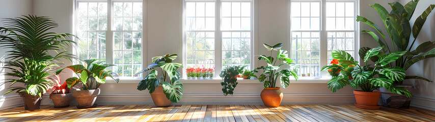 A multitude of lush potted plants thrive in the warmth of the sunbeams streaming through the luminous windows, their verdant leaves soaking in the nurturing light & bringing a vibrant touch of nature