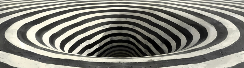 A striking black and white striped funnel spirals downward into the unfathomable depths, its hypnotic descent evoking a sense of mysterious allure and impending discovery