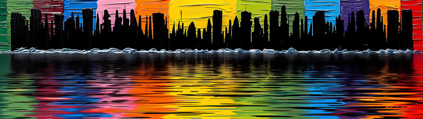 The wide expanse of the city skyline emerges from the canvas in bold and expressive brushstrokes, each stroke capturing the vibrancy and energy of urban life, while its reflection dances and shimmers 