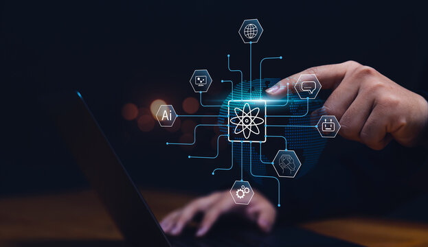 Quantum Computing and AI Technology, Businessman to Optimize Efficiency and Strategic Thinking for Future Computer Performance using Computer Laptop.