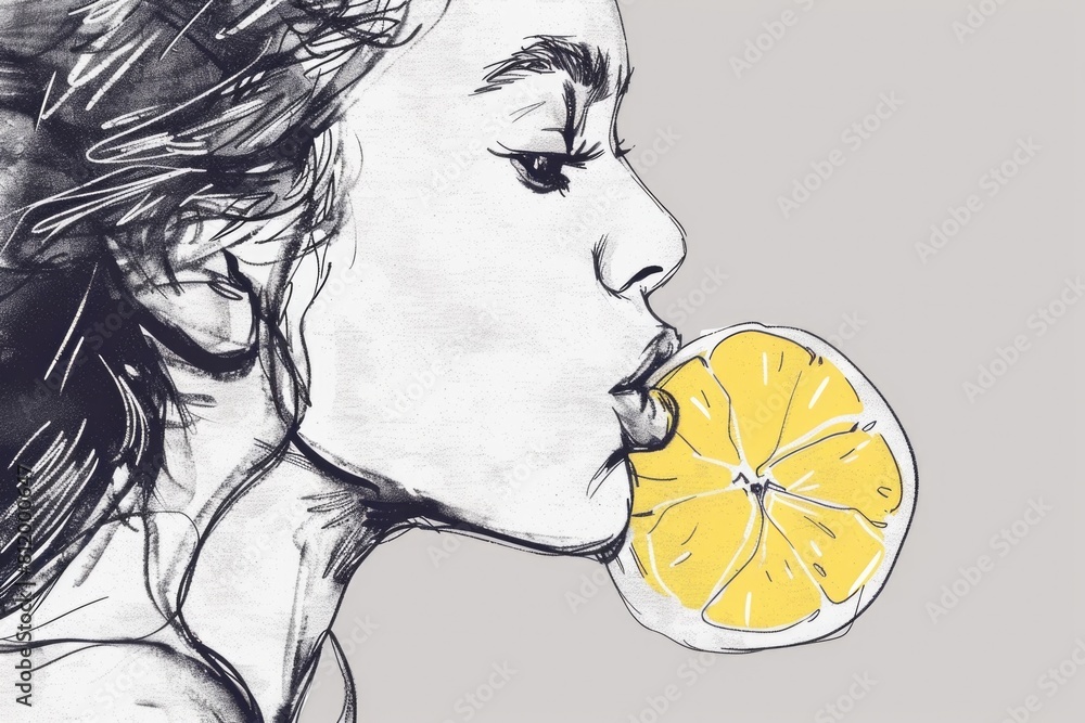 Poster a drawing of a woman with a slice of lemon in her mouth. can be used for food and beverage concepts
