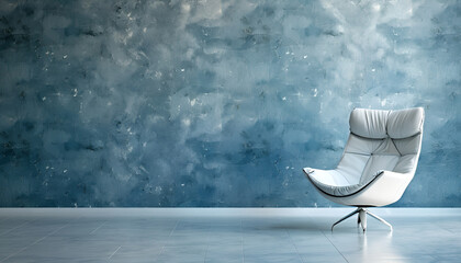 modern chair in room with distressed blue wall, set on gloss floor, evoking minimalist aesthetic