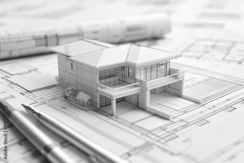 Poster house model sitting on top of blueprints, ideal for architectural and construction concepts