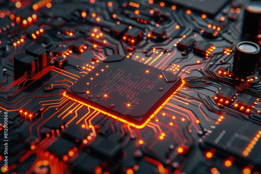 Poster a detailed view of a circuit board with glowing red lights, perfect for technology backgrounds