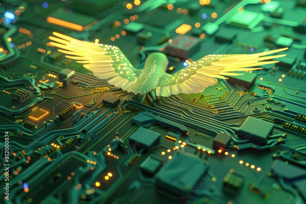 Poster A bird sitting on top of a computer motherboard. Suitable for technology concepts