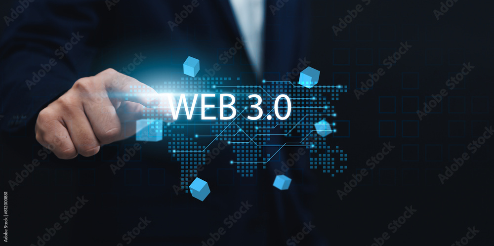 Poster virtual reality in web 3.0: business person engaging with future blockchain business technology