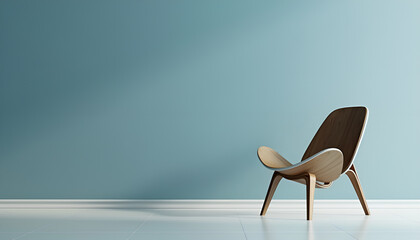 modern chair in room with distressed blue wall, set on gloss floor, evoking minimalist aesthetic