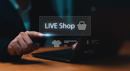 Live broadcast selling products online live on social platforms or an ecommerce store, live video store business. With graphics icon businessman using laptop background.