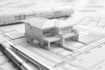 House model sitting on top of blueprints, ideal for architectural and construction concepts