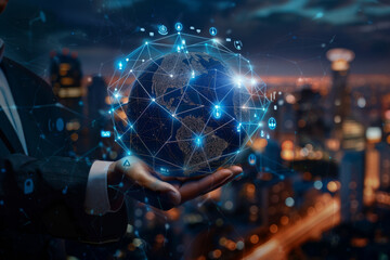 Fototapeta premium A person holding a globe in their hand with a city in the background