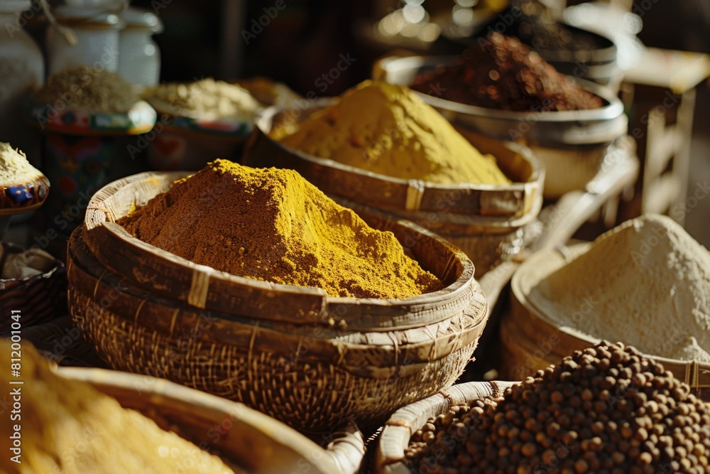 Poster Various spices displayed in baskets on a table. Ideal for culinary concepts