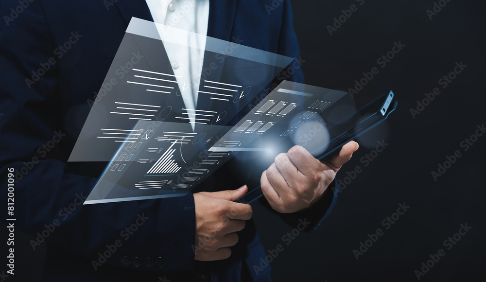 Poster businessman using a tablet to analyze company's financial revenue and profit with value increasing c