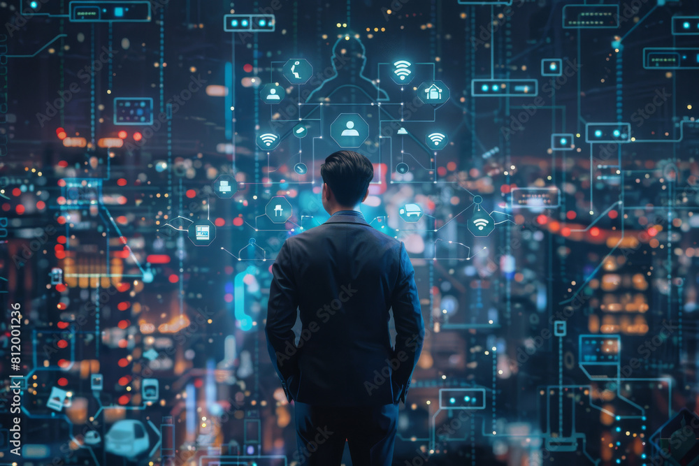 Poster a man in a suit is looking at a computer screen