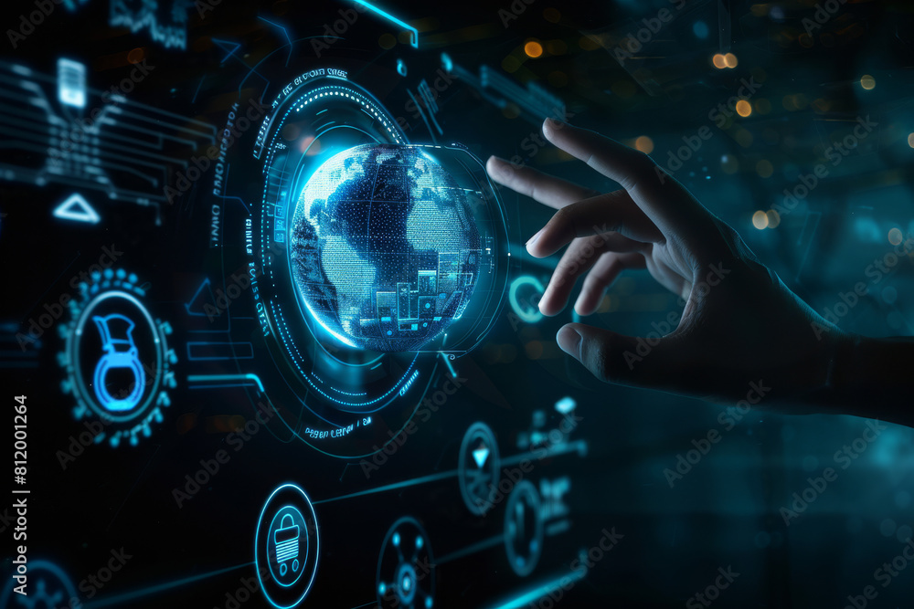 Poster a hand is touching a futuristic screen with a globe on it