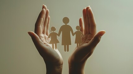 Family care concept. Hands with paper silhouette on light gray background, Generative Ai 