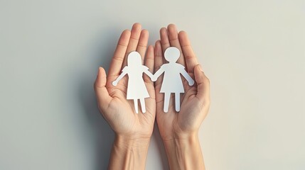 Family care concept. Hands with paper silhouette on light gray background, Generative Ai 