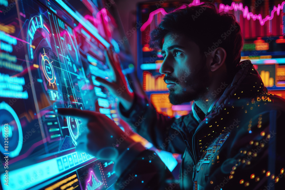 Poster a man is looking at a screen that has a circle with the number 17 on it