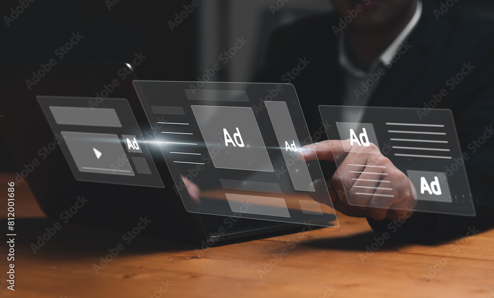 Poster digital marketing concept with businessman using computer laptop creating online adverts to increase